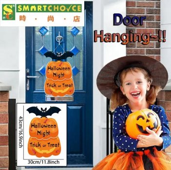 萬聖節牆壁裝飾 + 門掛裝飾（兩個南瓜和一隻蝙蝠）（Trick or Treat 標誌）（家庭派對室內和室外裝飾）