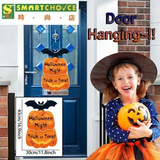 萬聖節牆壁裝飾 + 門掛裝飾（兩個南瓜和一隻蝙蝠）（Trick or Treat 標誌）（家庭派對室內和室外裝飾） - 關閉視窗 >> 可點擊圖片