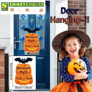 萬聖節牆壁裝飾 + 門掛裝飾（兩個南瓜和一隻蝙蝠）（Trick or Treat 標誌）（家庭派對室內和室外裝飾）