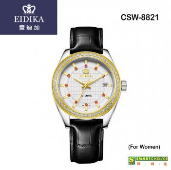 瑞士註冊品牌「愛廸加」至尊系列- CSW-8821 機械錶 (女裝)(金色外殼· 黑色皮錶帶 ·日本製造機芯)